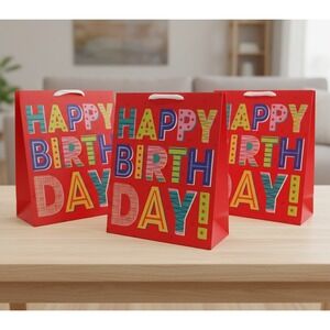 Set of 3 Large Happy Birthday Gift Bags Red Multi Color Lettering 19x15